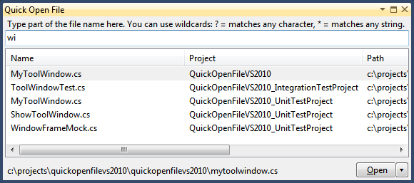 Quick Open File tool window.