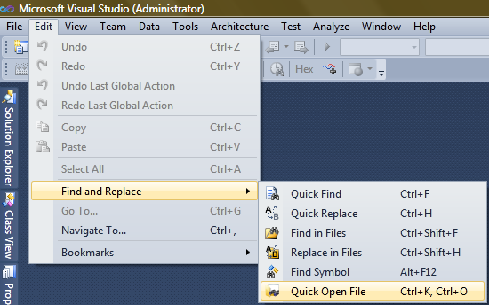 Quick Open File menu item and shortcut key.